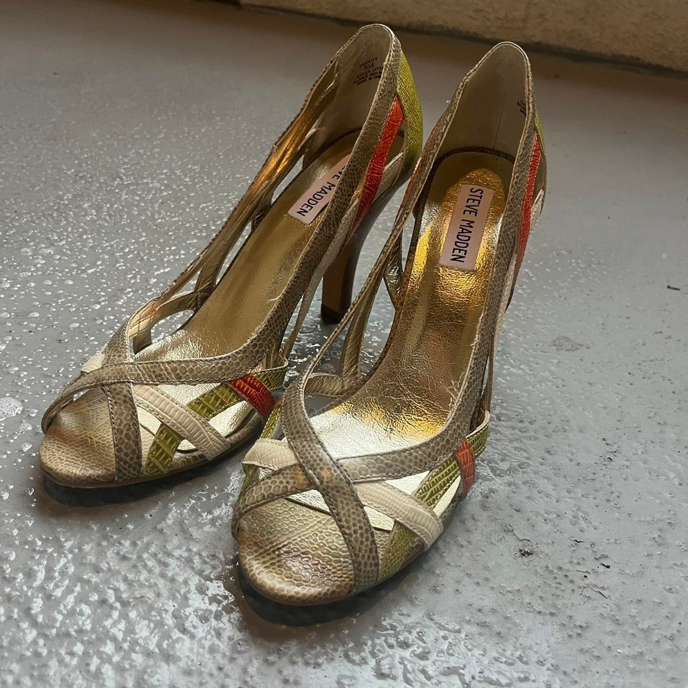 Steve Madden Saavoy Strappy Leather Heels Tan Orange Green Snake 8M